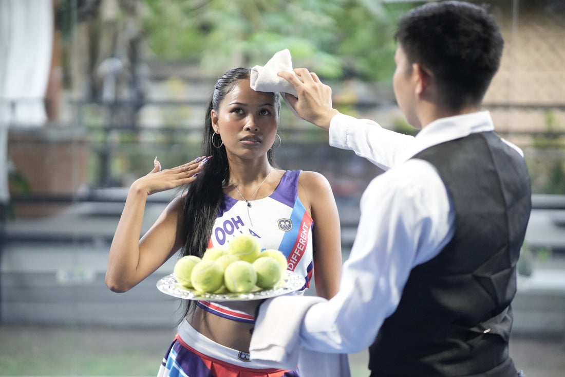 Padel fashion editorial featuring Bad Padel clothing on a padel court