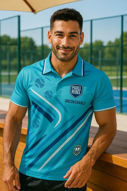 PADEL REBEL, "UNCOACHABLE" – Men's Padel Polo Shirt, product view 1 by Bad Padel Co