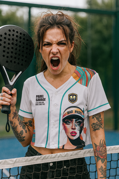 PADEL SAVAGE - LESS GOOD GIRL / MORE GAME FACE / CROP TOP – Women's Padel Crop Top, product view 1 by Bad Padel Co