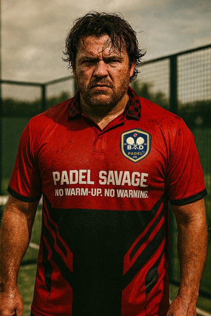 PADEL SAVAGE. NO WARM UP. NO WARNING. – Men's Padel Polo Shirt, product view 5 by Bad Padel Co