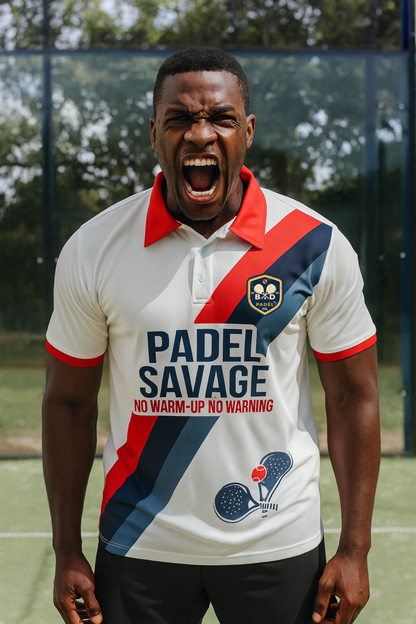 PADEL SAVAGE. NO WARM UP. NO WARNING. POLO SHIRT – Men's Padel Polo Shirt, product view 1 by Bad Padel Co