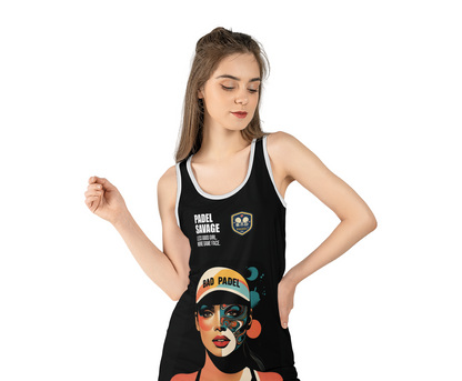 PADEL SAVAGE. LESS GOOD GIRL. MORE GAME FACE. TANK TOP – Women's Padel Tank Top, product view 2 by Bad Padel Co