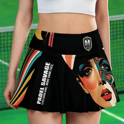 Padel Skirt / PADEL SAVAGE. LESS GOOD GIRL. MORE GAME FACE. (Connecting shorts with Pockets) – Women's Padel Skirt with Pockets, product view 1 by Bad Padel Co