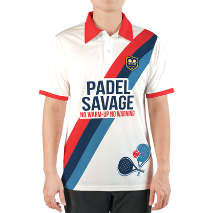 PADEL SAVAGE. NO WARM UP. NO WARNING. POLO SHIRT – Men's Padel Polo Shirt, product view 2 by Bad Padel Co