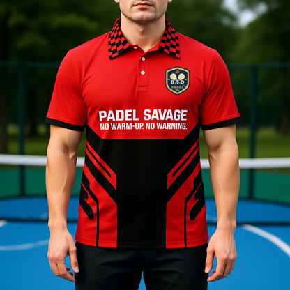 PADEL SAVAGE. NO WARM UP. NO WARNING. – Men's Padel Polo Shirt, product view 2 by Bad Padel Co