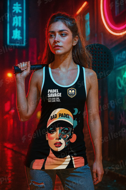Women's Padel Tank Top — Less Good Girl, More Game Face (Black) | Bad Padel Co