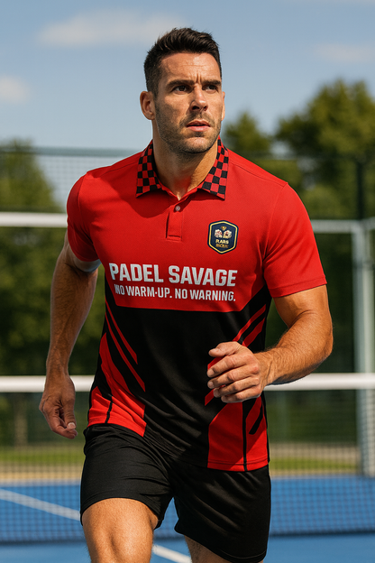 PADEL SAVAGE. NO WARM UP. NO WARNING. – Men's Padel Polo Shirt, product view 3 by Bad Padel Co