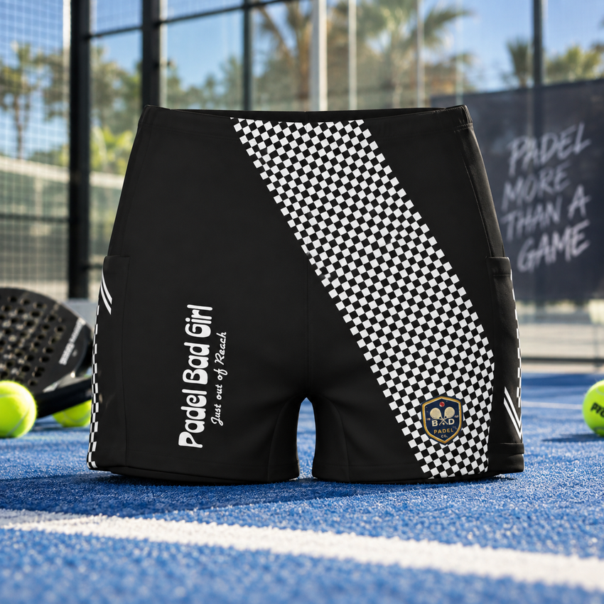 Bad Padel Co women's padel shorts front view — retro check print with side pocket